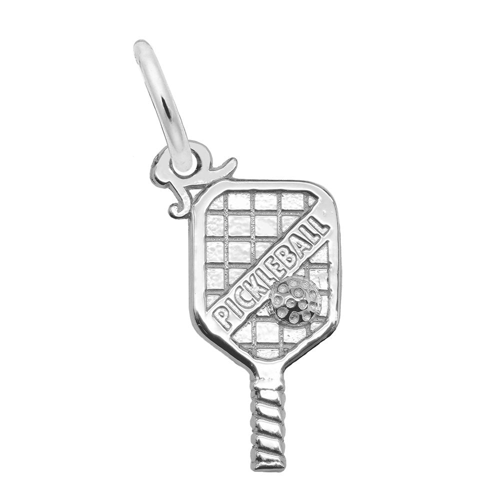 Silver pickleball paddle charm on a white background