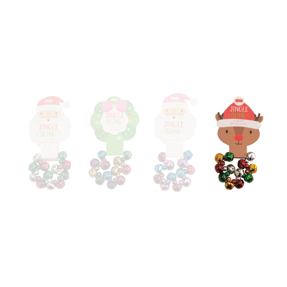 Reindeer christmas-themed  jingle bell bracelet with a christmas themed backing of a reindeer with a red santa hat white background.
