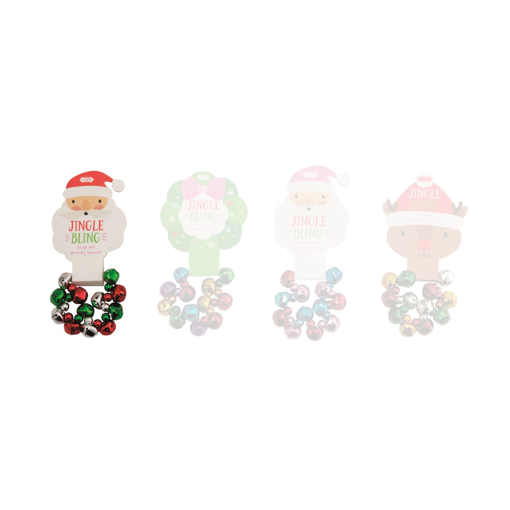 Santa christmas-themed  jingle bell bracelet with a christmas themed backing of santa white background.