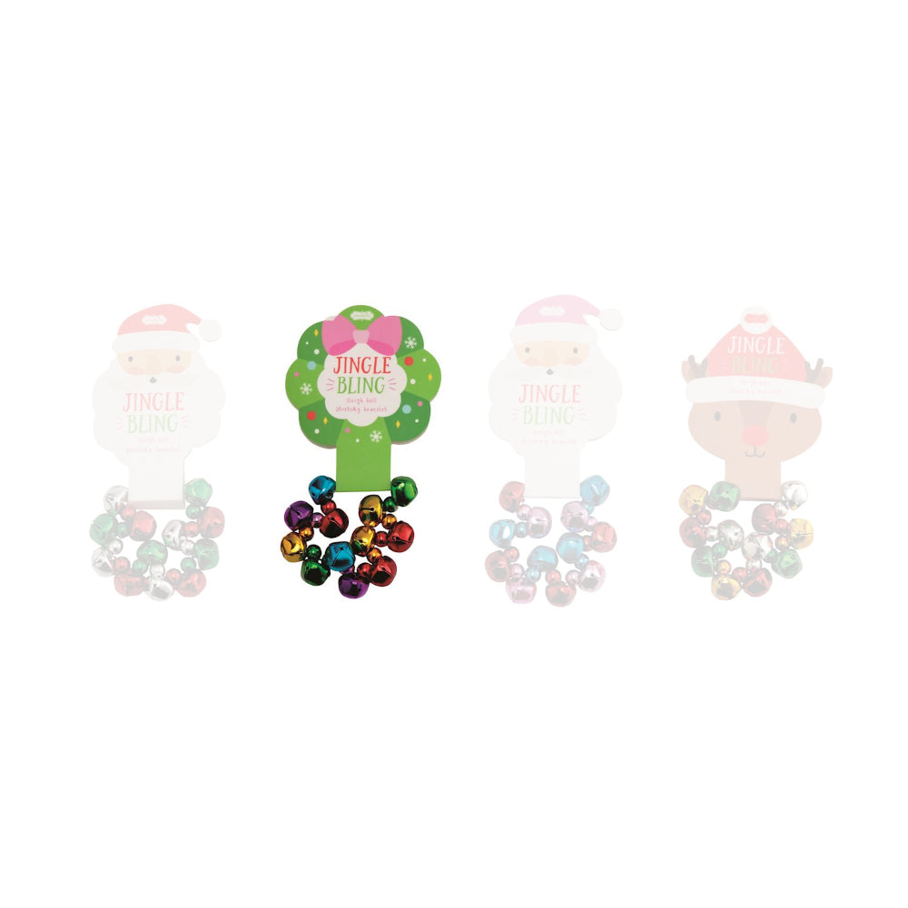 Wreath christmas-themed  jingle bell bracelet with a christmas themed backing of a wreath white background.