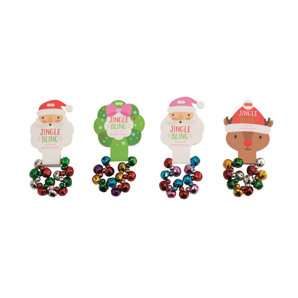 Four Christmas-themed  jingle bell bracelets with a christmas themed backing with wreath, santa, pink santa and reindeer a white background.