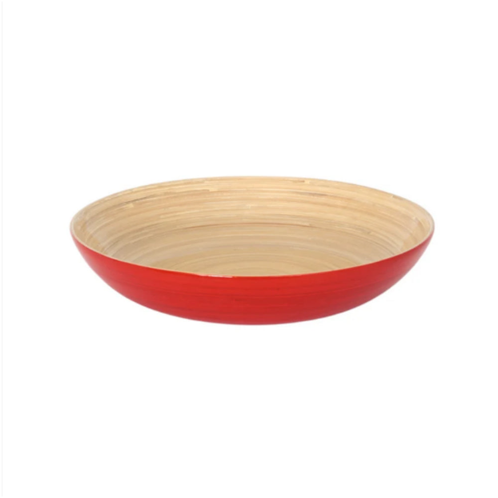A shallow round bowl with a bright orange exterior and a light natural bamboo wood grain interior, shown against a plain white background.