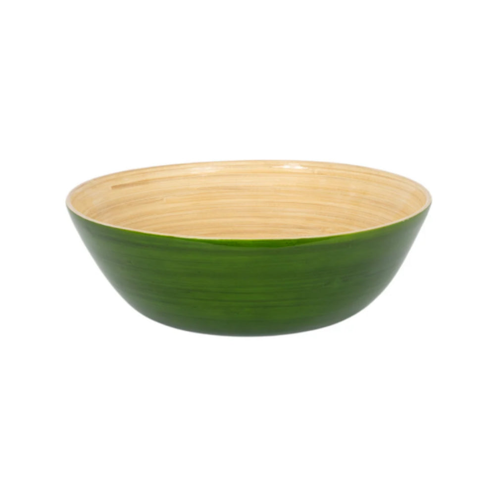 A round wooden bowl with a glossy dark green exterior and a natural light wood grain interior, shown against a plain white background.
