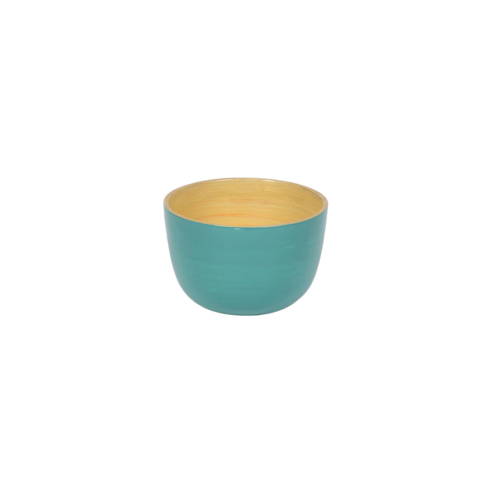 Teal bamboo bowl with wooden interior on a white background