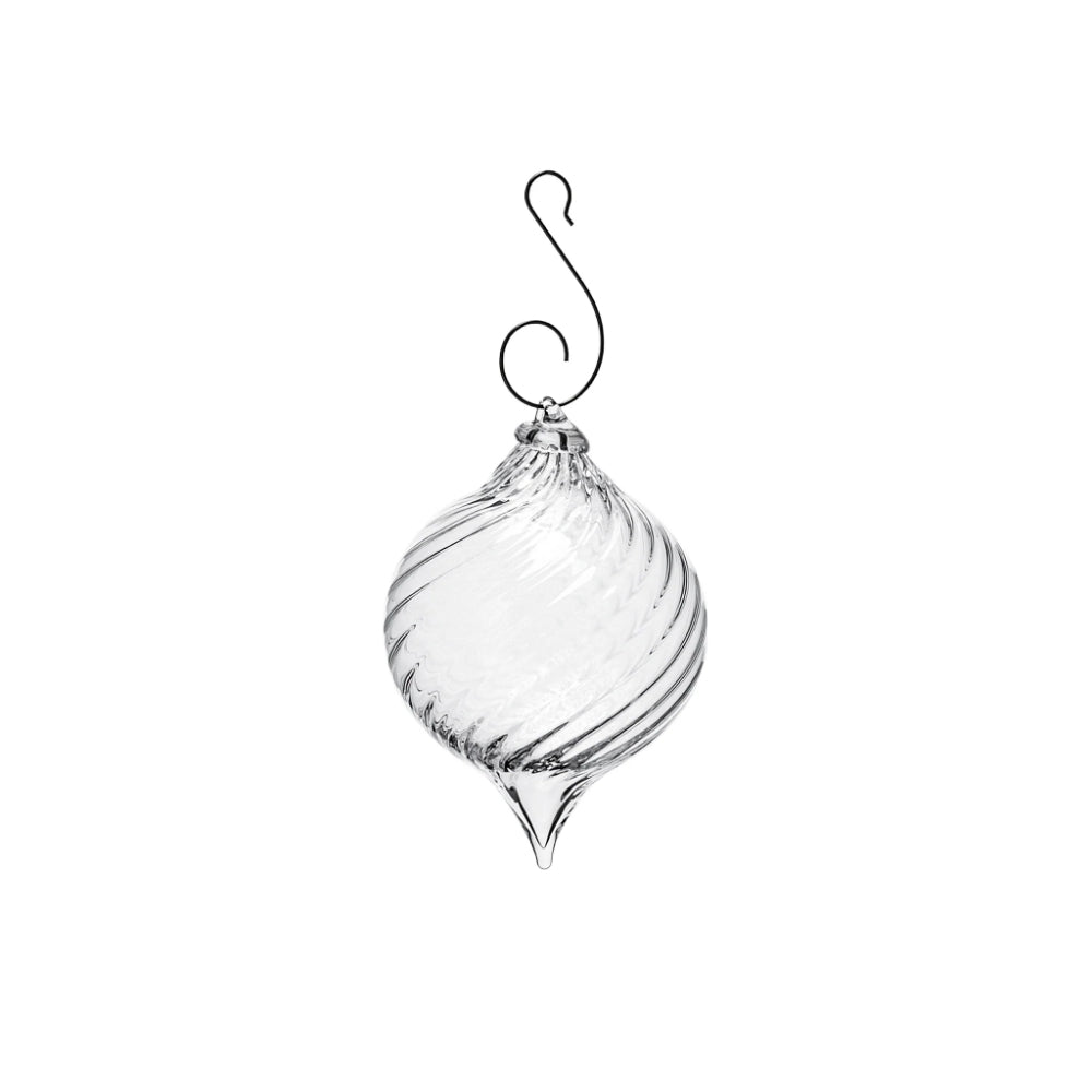 Clear glass hanging ornament with a hook on a white background