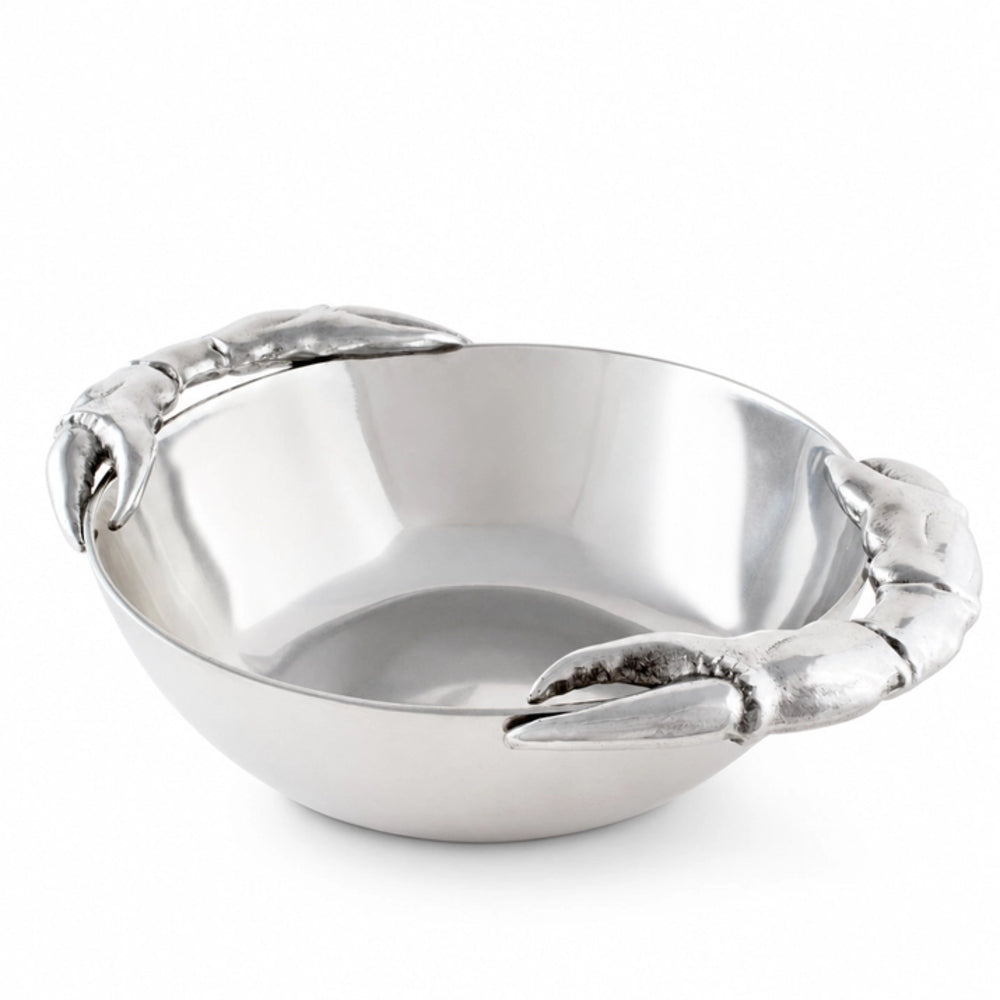A polished silver metal bowl with sculpted lobster claw handles on both sides, shown on a clean white background.