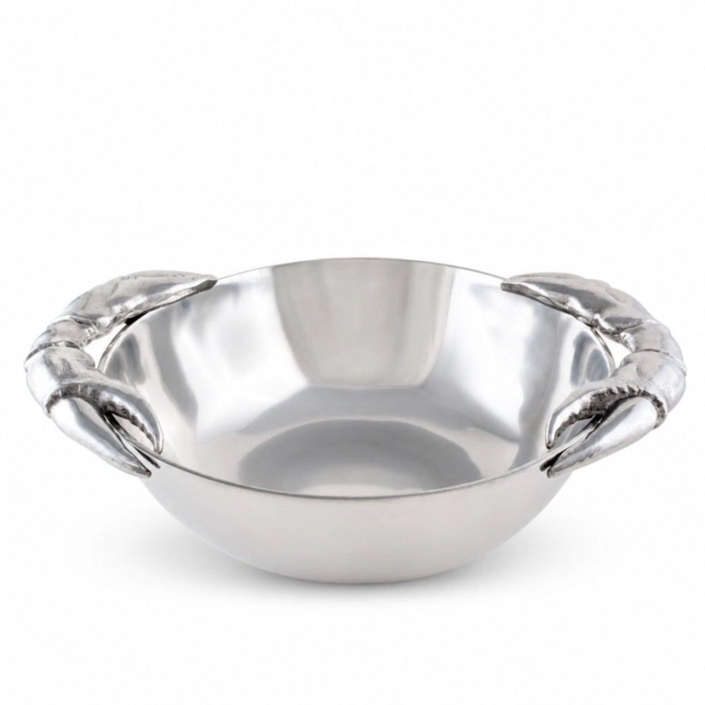 A polished silver metal bowl with sculpted lobster claw handles on a clean white background.