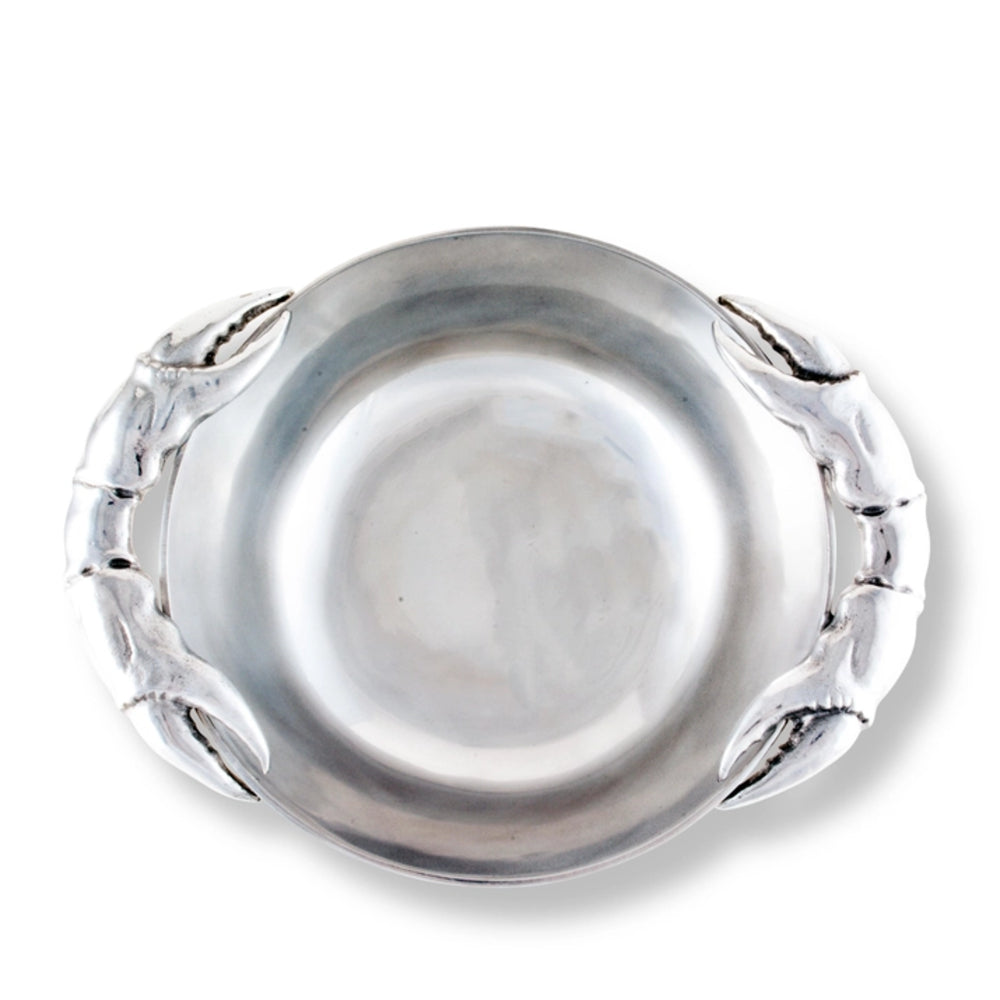 A silver metal bowl with decorative lobster claw handles on each side, photographed from directly above on a white background.