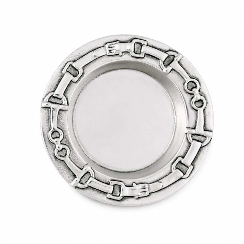 A round silver-toned metal tray with a decorative border featuring horsebit and chain-like links, photographed on a plain white background.