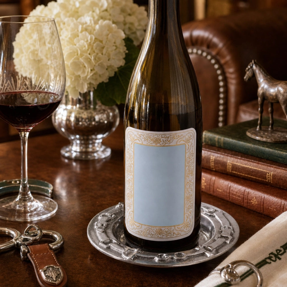 A dark glass wine bottle with an ornate light blue label sits on a silver tray on a wooden table, alongside a glass of red wine, white flowers, books, and leather accessories in a warm indoor setting.