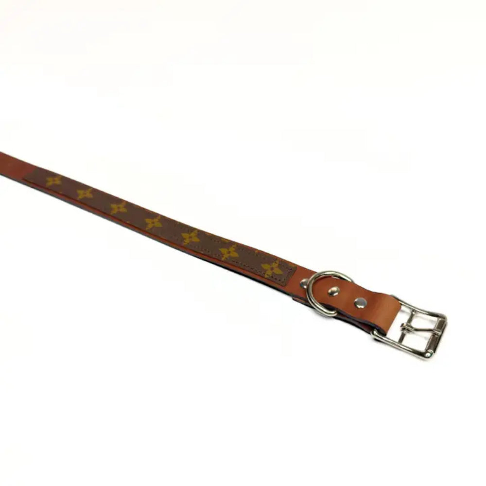 Beaudin Designs Posh Pet Collar in Golden Brown Leather & Upcycled LV - Large