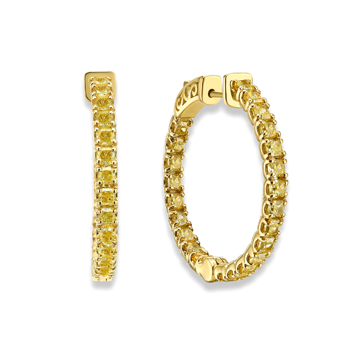 Namdar 18k Yellow Gold Fancy Yellow Cushion Diamond In & Out Round Hoop Earrings
