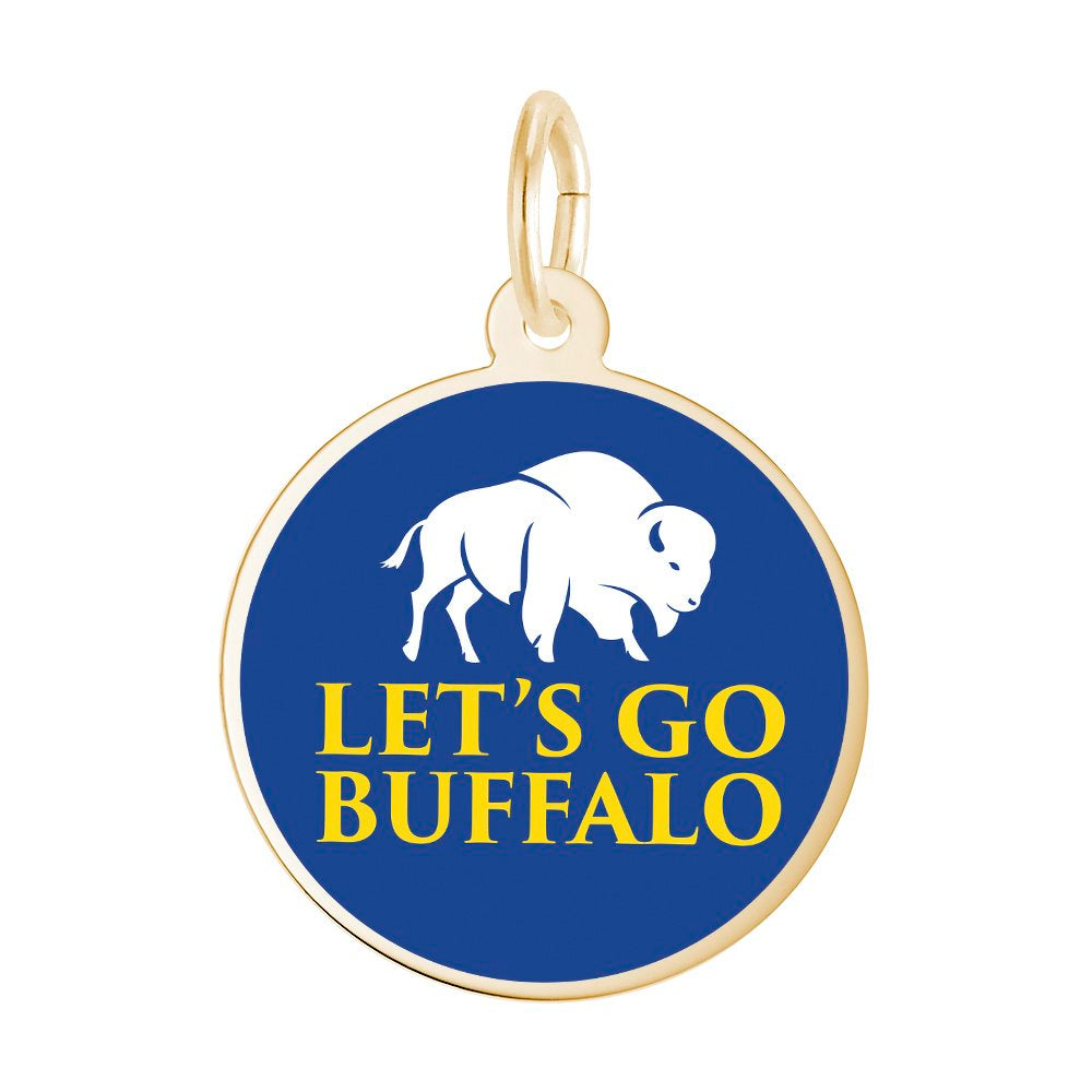 Blue Charm with gold border, white buffalo, and yellow 'Let's Go Buffalo' text