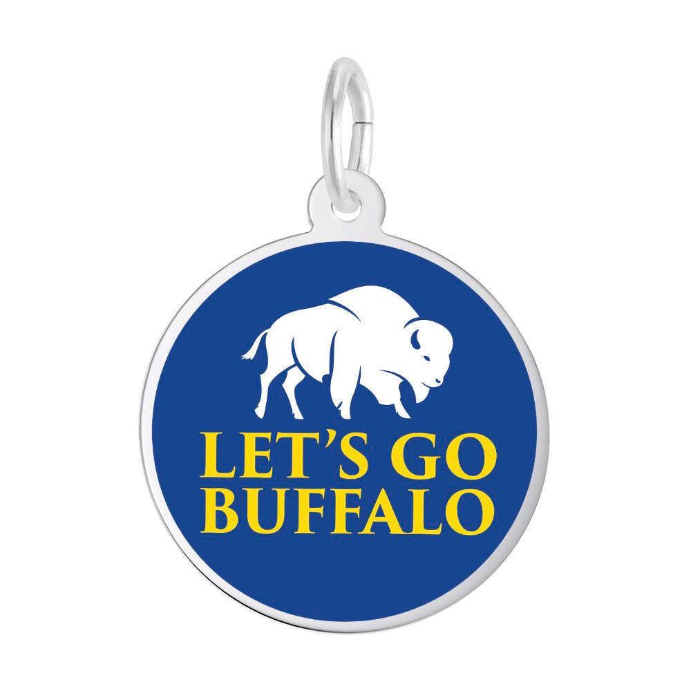 Blue Charm with silver border, white buffalo, and yellow 'Let's Go Buffalo' text