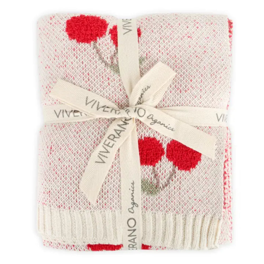 Viverano Organics Cherry Organic Baby Blanket + Ring Rattle Toy Gift Set