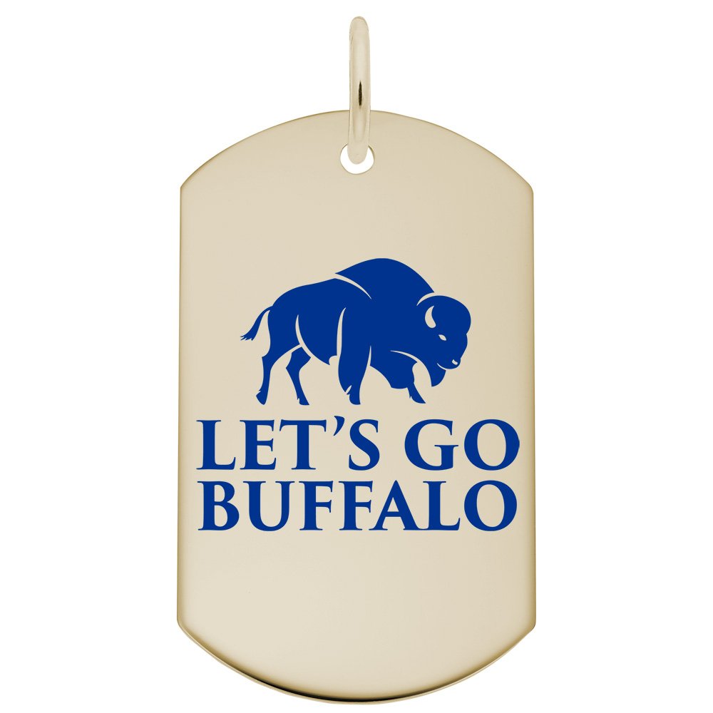 Gold dog tag charm with blue buffalo graphic and 'Let's Go Buffalo' text on a white background