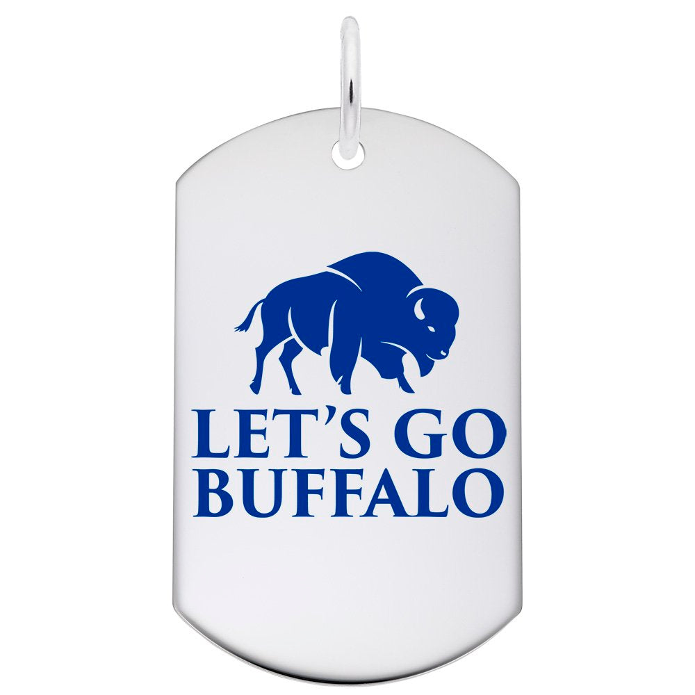 Silver dog tag charm with blue buffalo graphic and 'Let's Go Buffalo' text on a white background