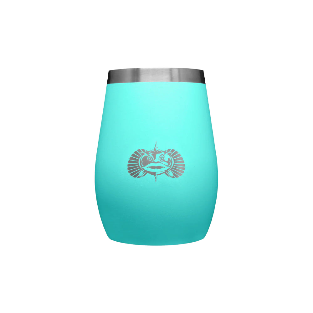 Turquoise tumbler with silver rim and Toadfish logo on a white background.
