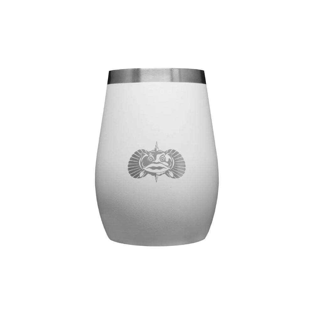 White wine tumbler with silver rim and Toadfish logo on a white background.
