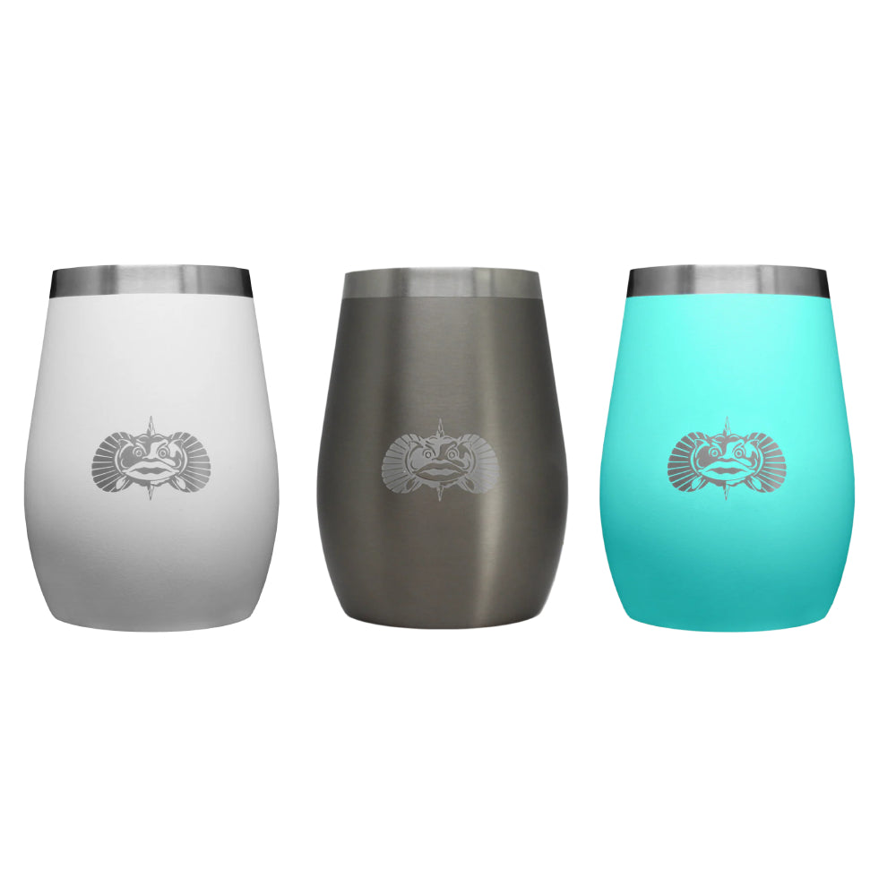 Three insulated wine tumblers in white, graphite, and teal with a Toadfish logo on a white background.