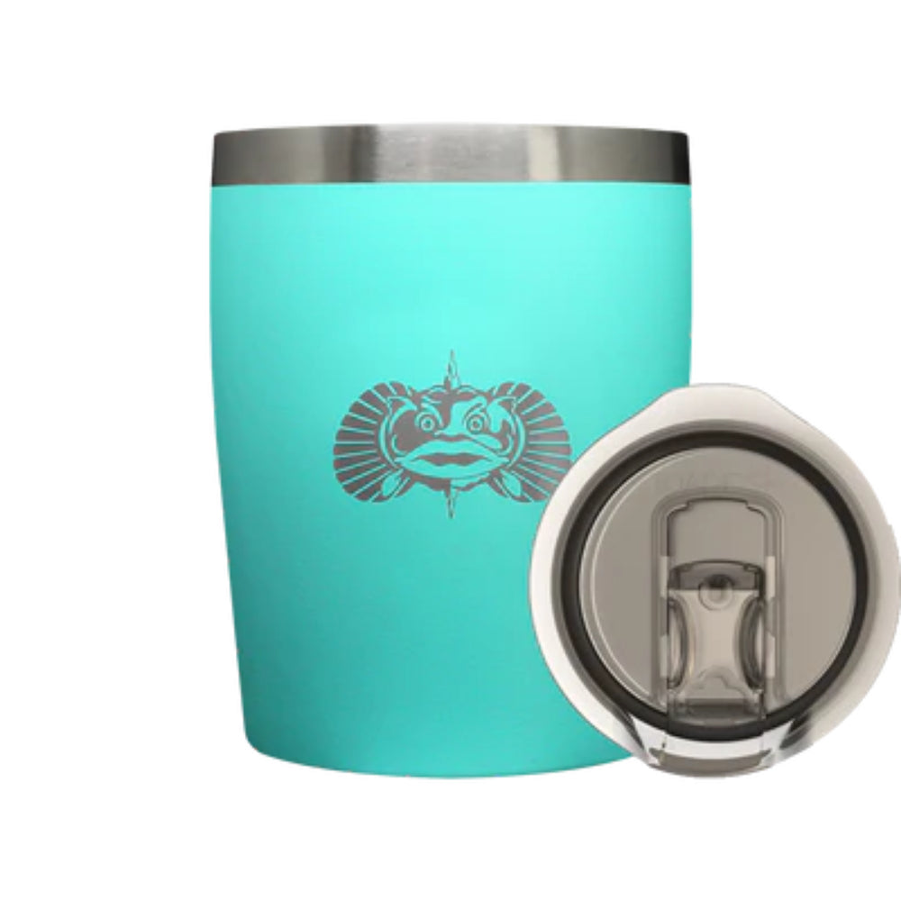 Teal tumbler with a Toadfish Logo and showing clear lid on a white background.