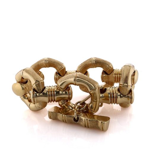 Estate 18 Karat Yellow Gold Heavy Bamboo Hexagon Link Bracelet With Large Toggle Clasp
