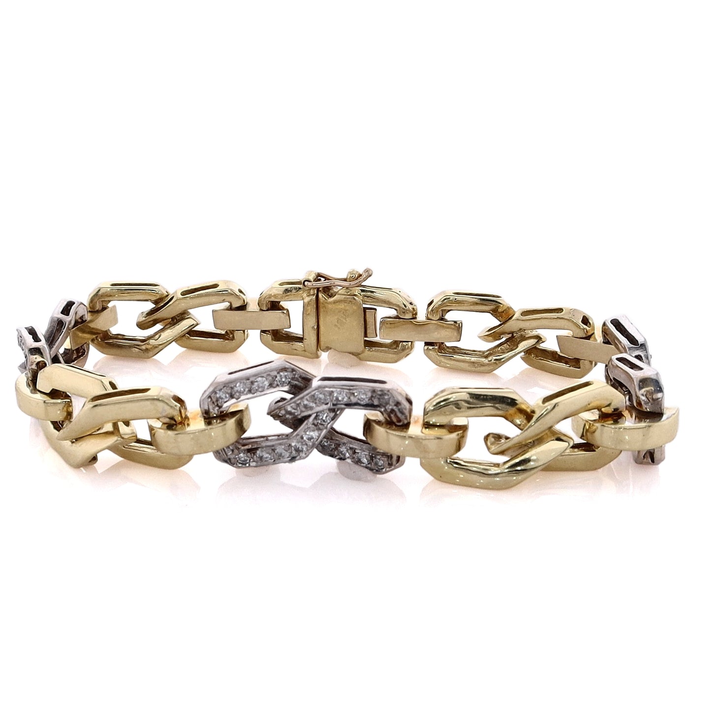 Estate 18 Karat Two-Tone Polished Link And Diamond Bracelet