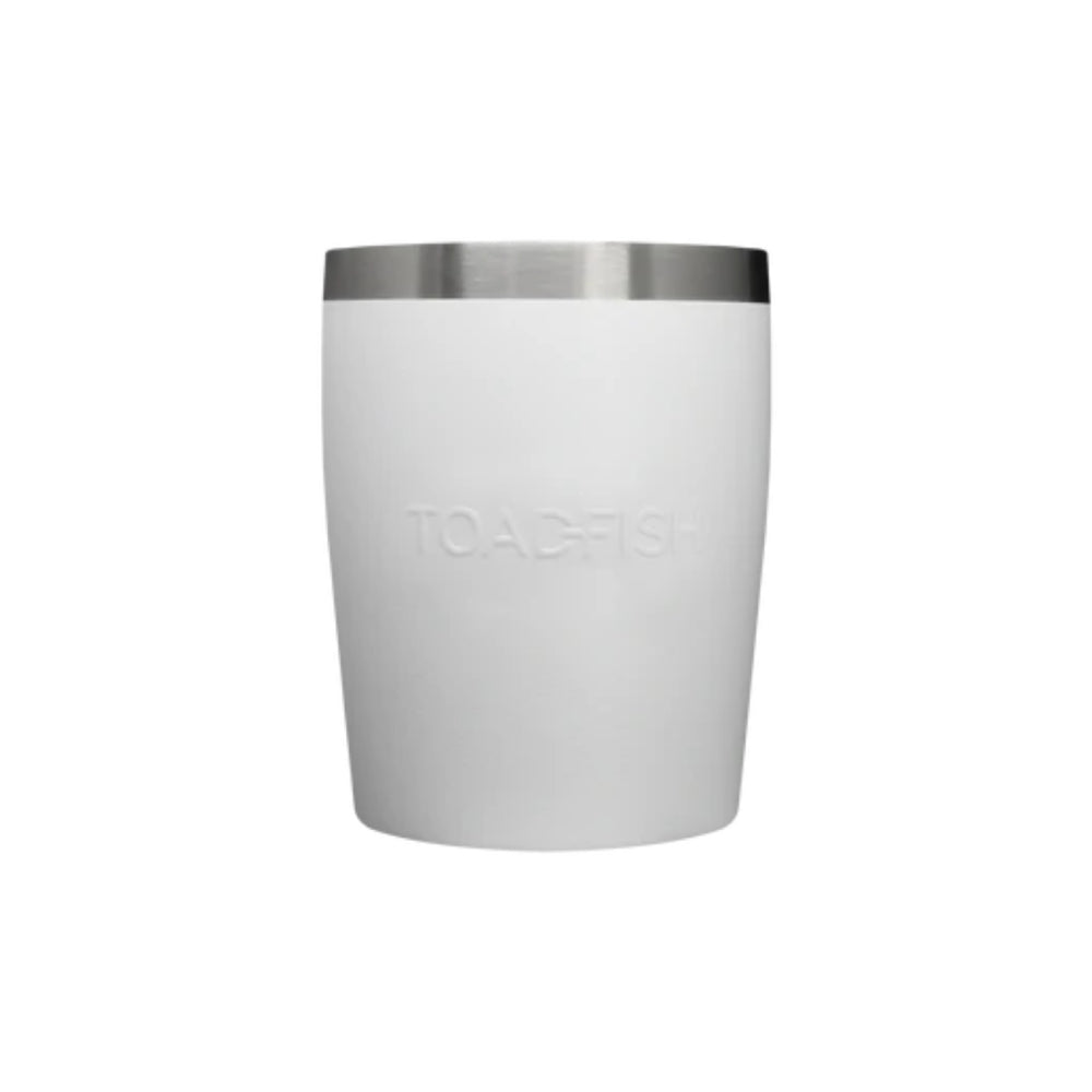 White tumbler with silver lid on a white background.