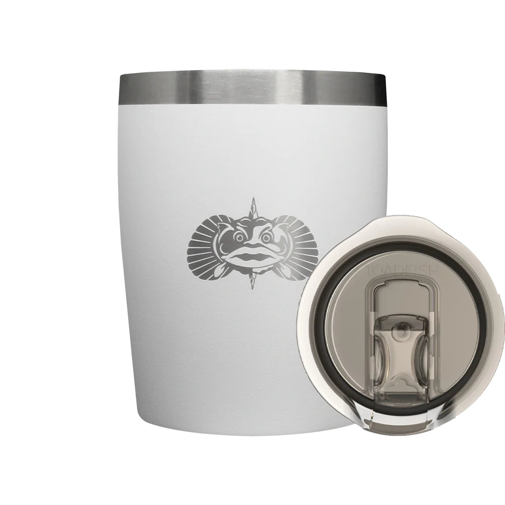 White tumbler with a Toadfish Logo and showing clear lid on a white background.