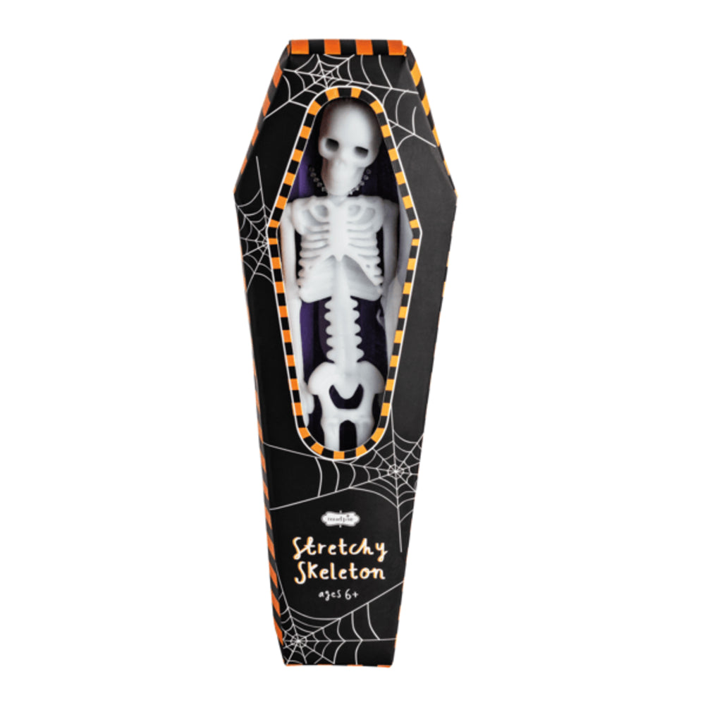 Stretchy skeleton toy in a coffin-shaped packaging with spider web design.