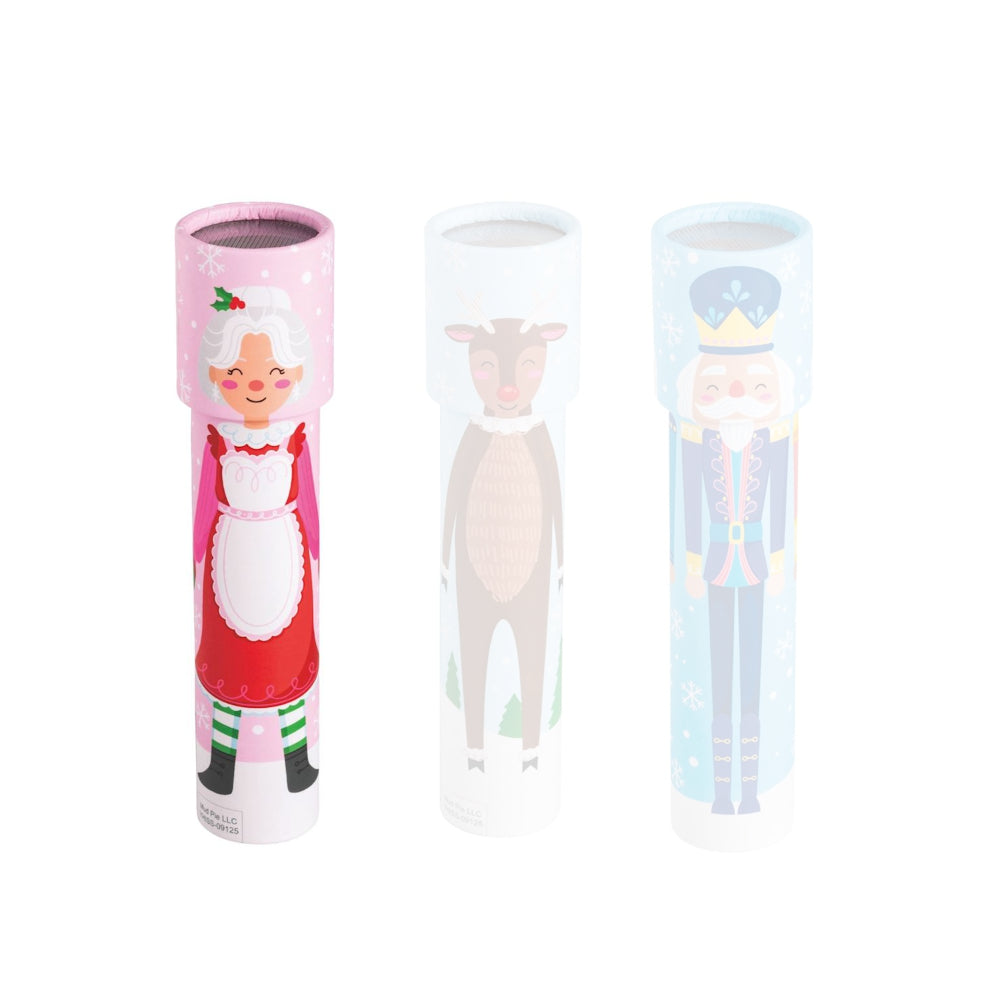 Mr.Claus christmas-themed Kaleidoscopes with illustrations of Mrs. Claus, Santa and reindeer on a white background