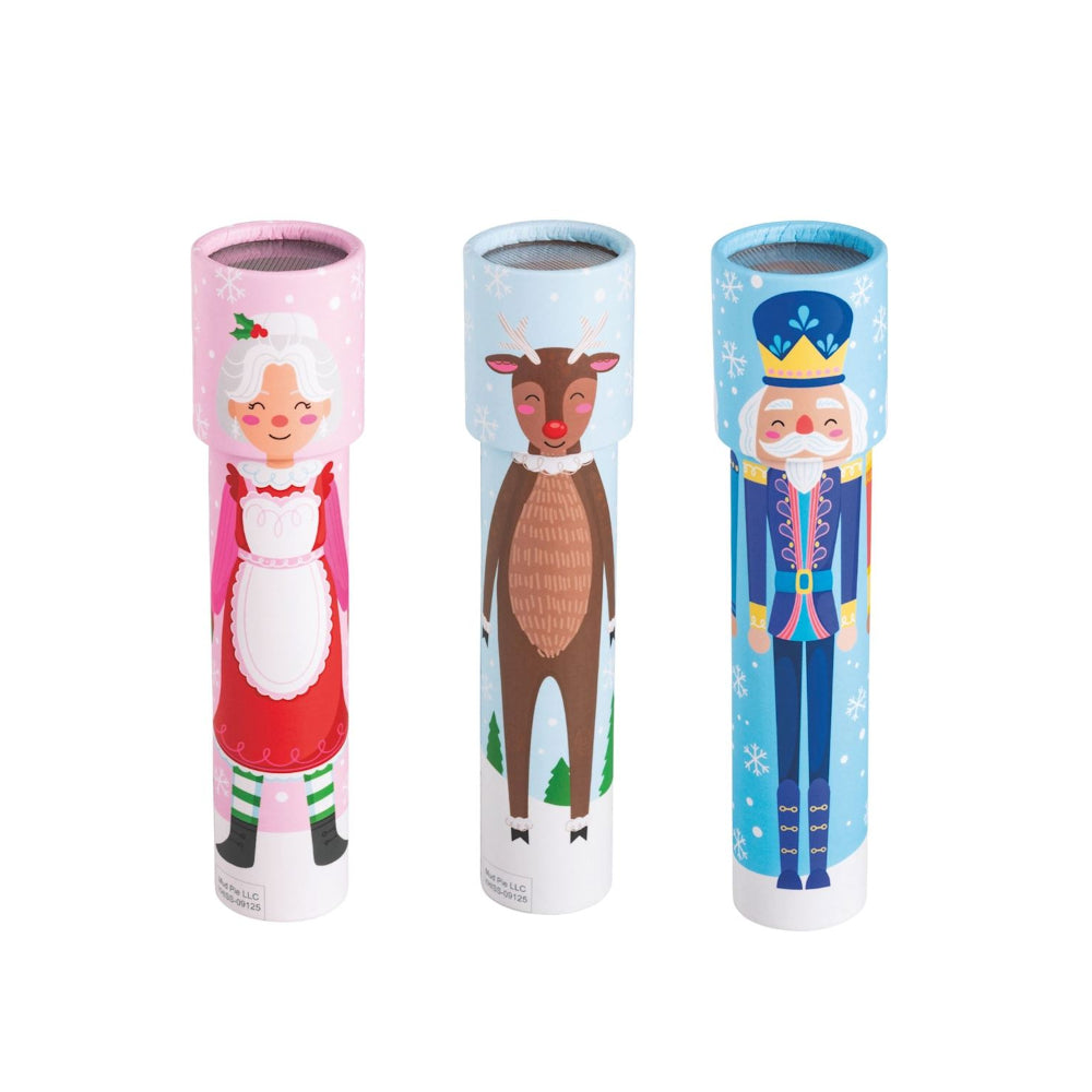 Three christmas-themed Kaleidoscopes with illustrations of Mrs. Claus, a reindeer, and a nutcracker on a white background.