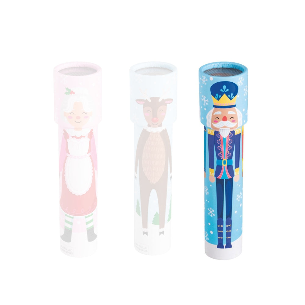 christmas-themed Kaleidoscopes with illustrations of a blue nutcracker on a white backround. 