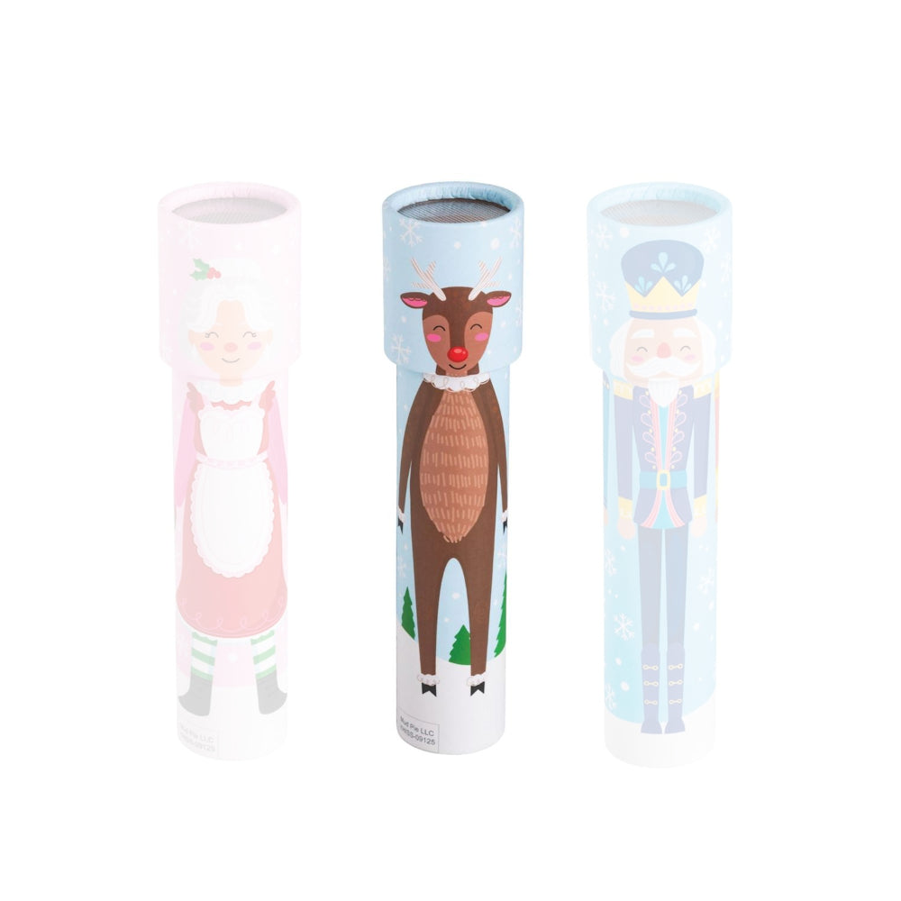Reindeer christmas-themed Kaleidoscopes with illustrations of Mrs. Claus, Santa and reindeer on a white background