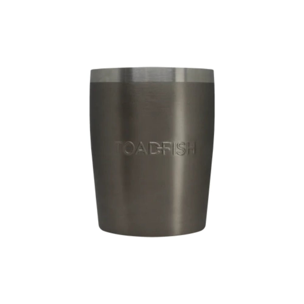 Graphite grey tumbler with silver lid on a white background.