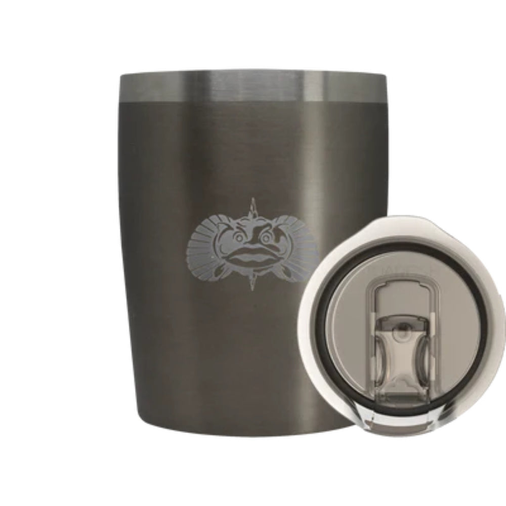 Graphite tumbler with a Toadfish Logo and showing clear lid on a white background.