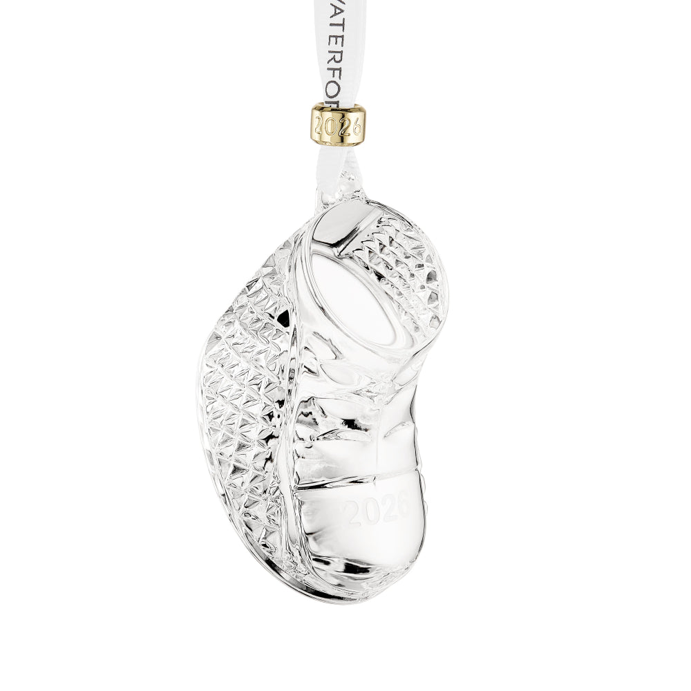 Crystal shoe ornament with 'Waterford' branding on a white background