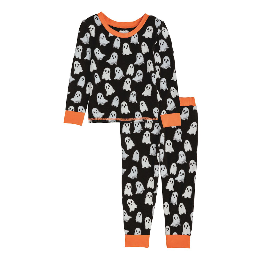 Children's Halloween pajama set with ghost pattern on a white background