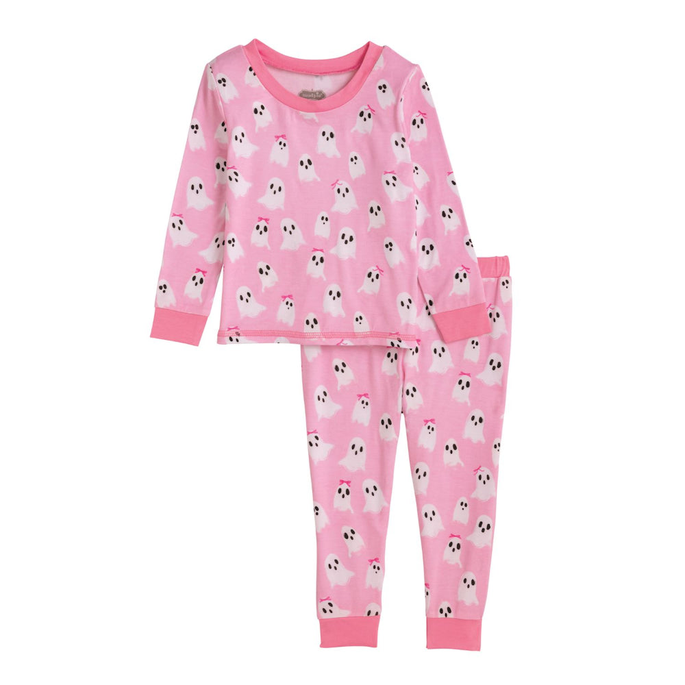 Pink children's pajama set with ghost pattern on a white background