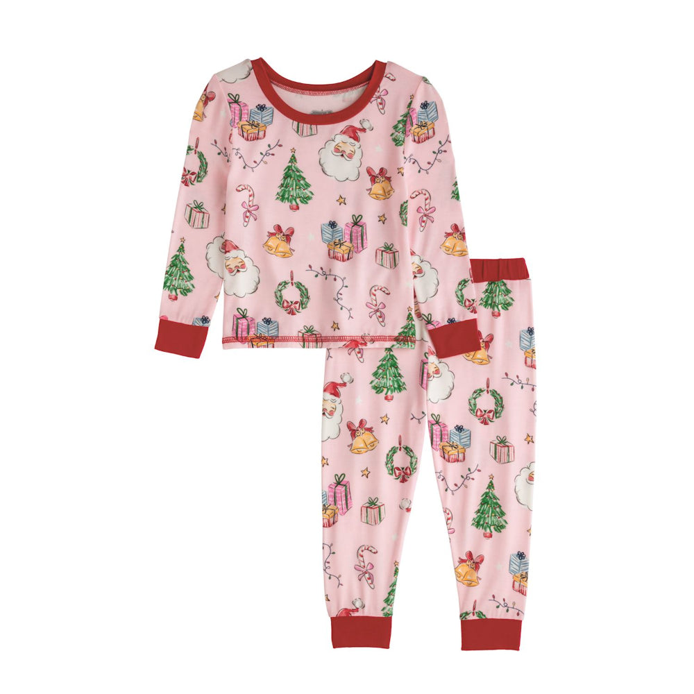 Children's Pink Christmas pajama set with Santa Claus and winter elements on a pink background.