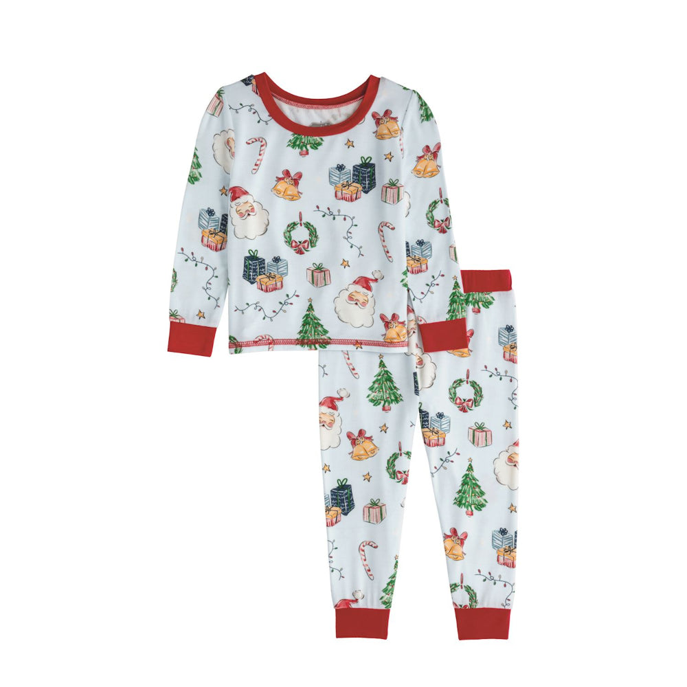 Children's Blue christmas-themed pajama set with Santa Claus, presents, and trees on a white background.