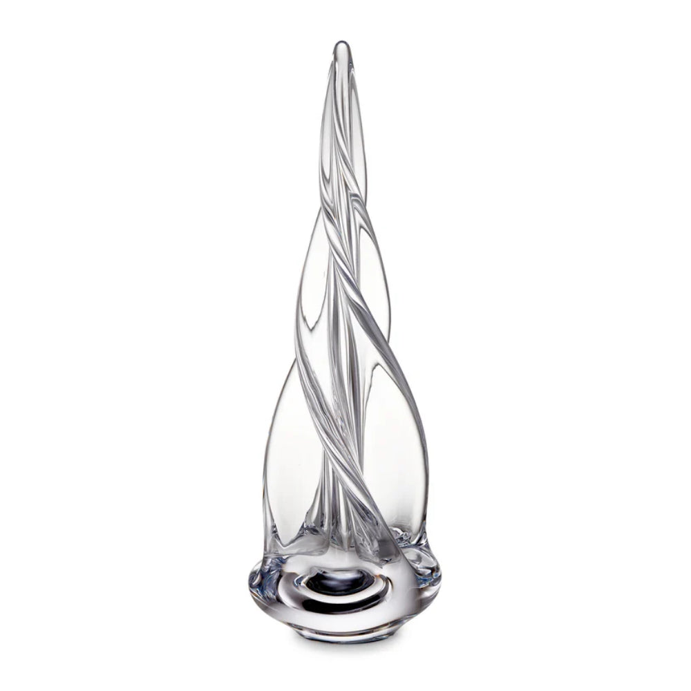 A clear glass sculpture tree with a twisted spiral design and a wide circular base, photographed on a solid white background.