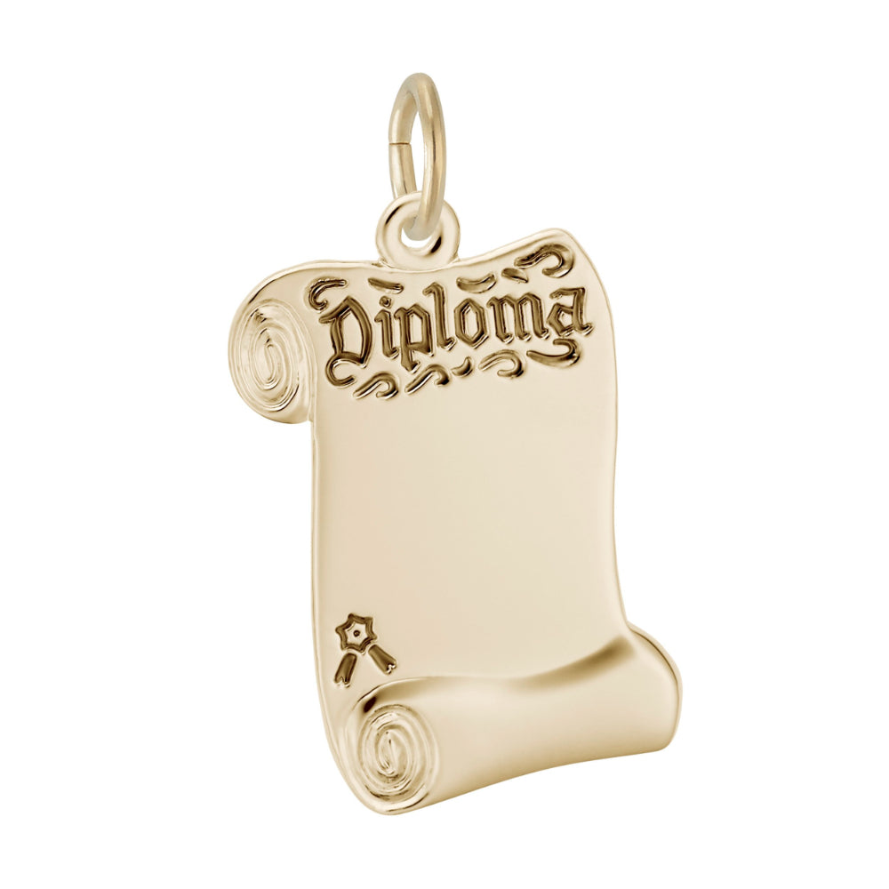 Gold diploma scroll shaped charm on a white background