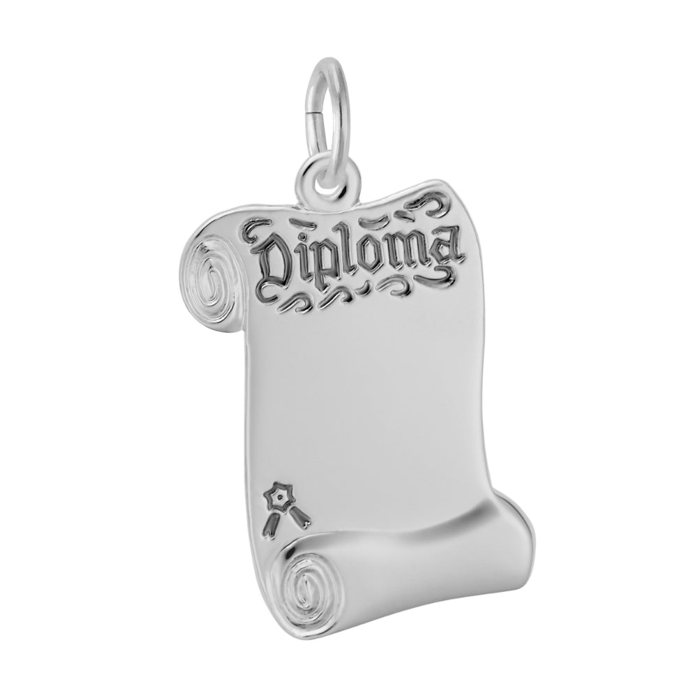 Silver diploma scroll shaped charm on a white background