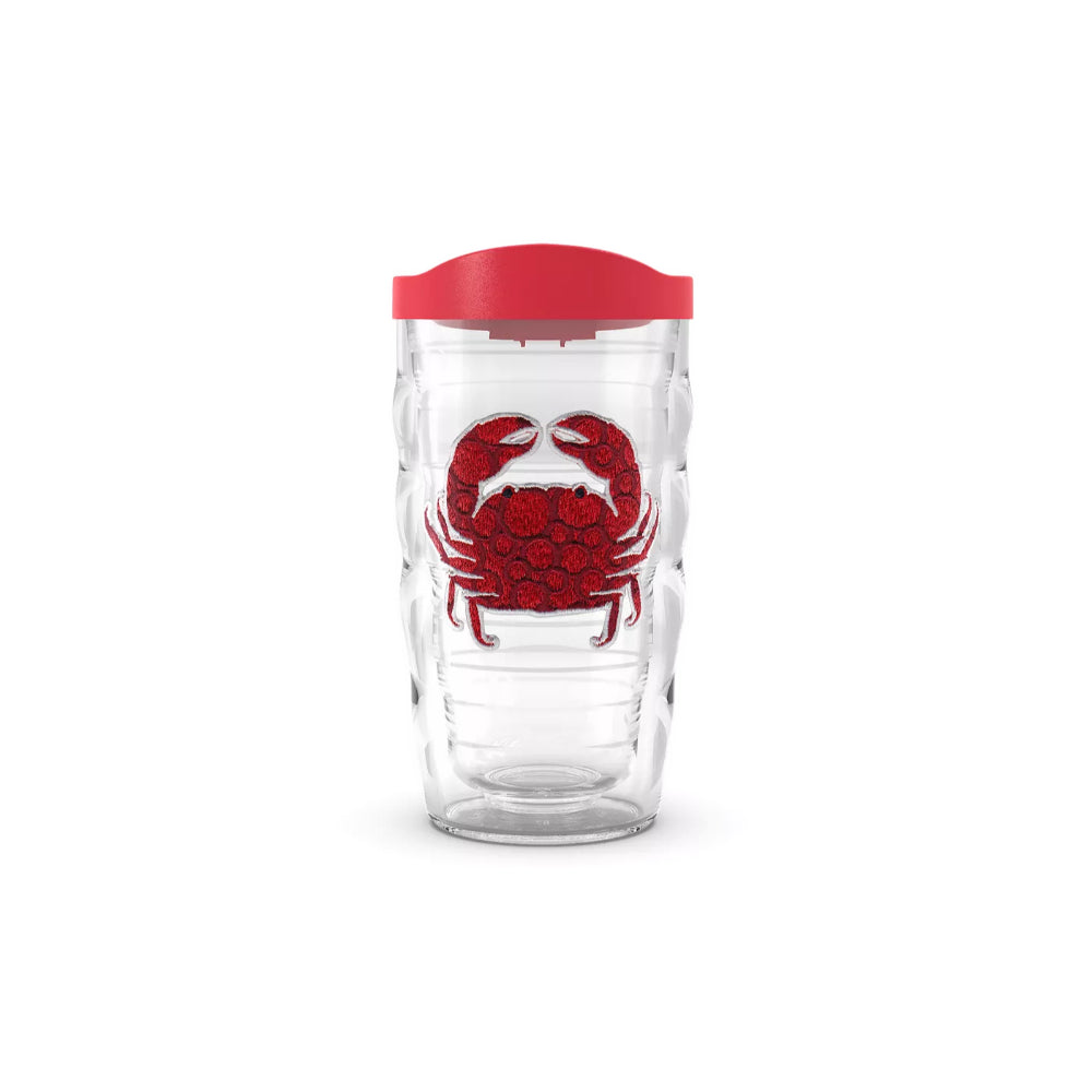 10oz wavy clear tumbler with red crab design and red lid on a white background.