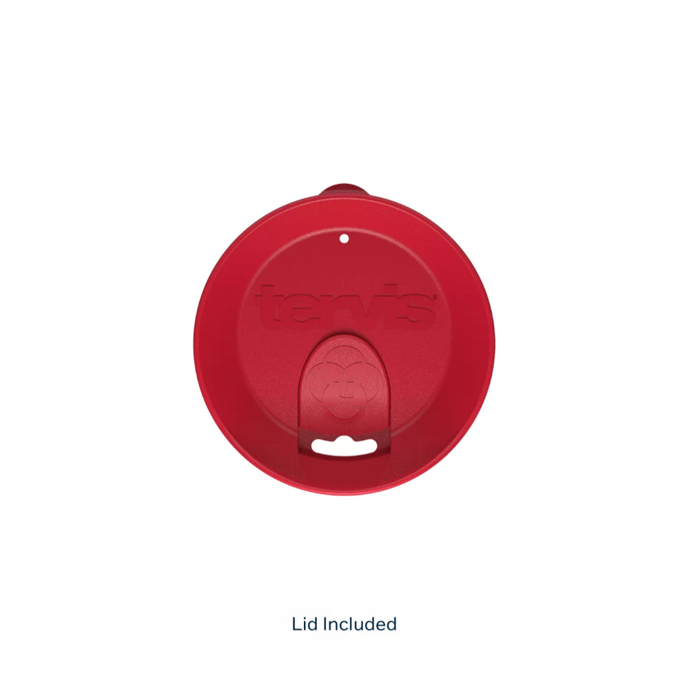 Red tumbler lid on a white background.