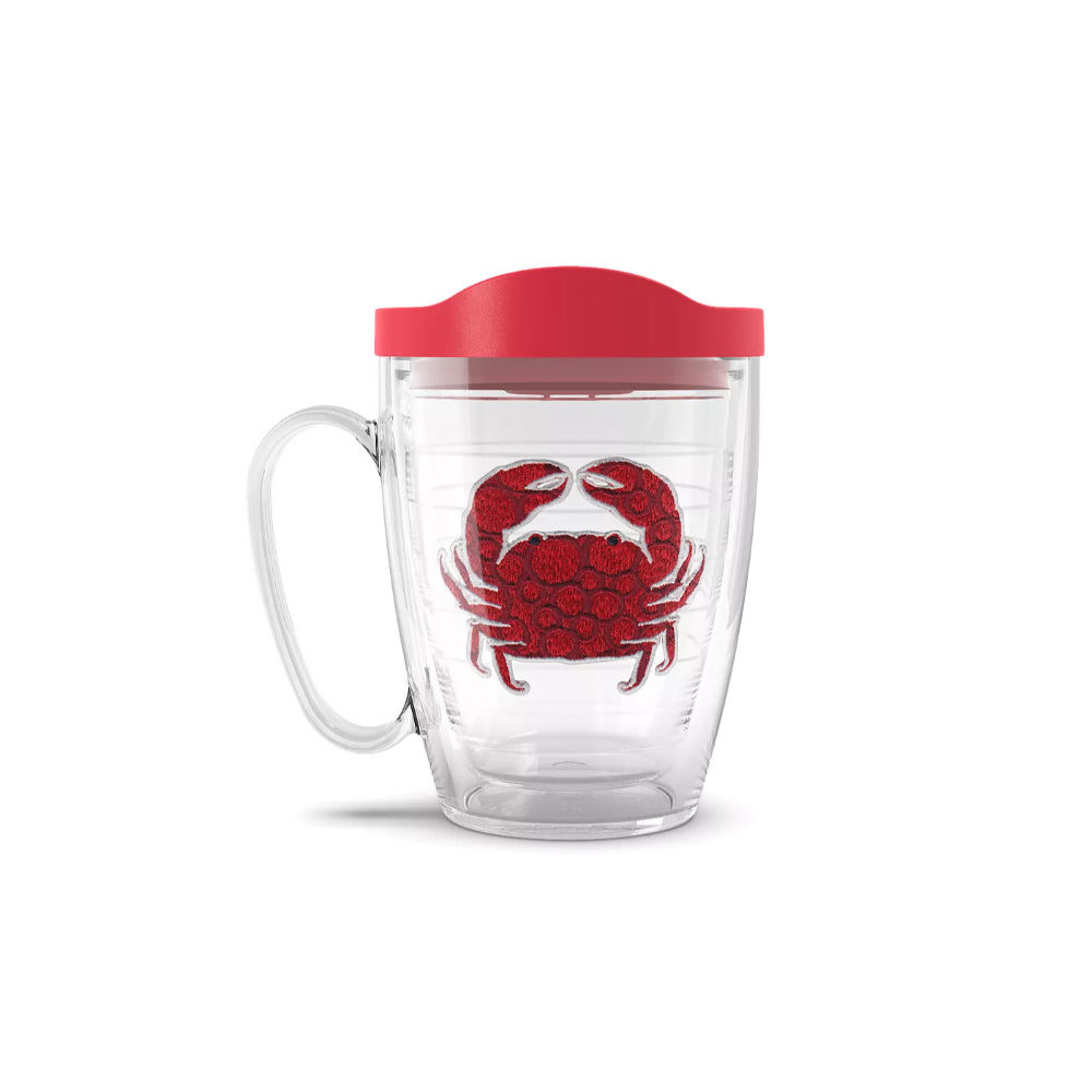 A 16oz clear mug with a red crab patch logo and red lid on a white background