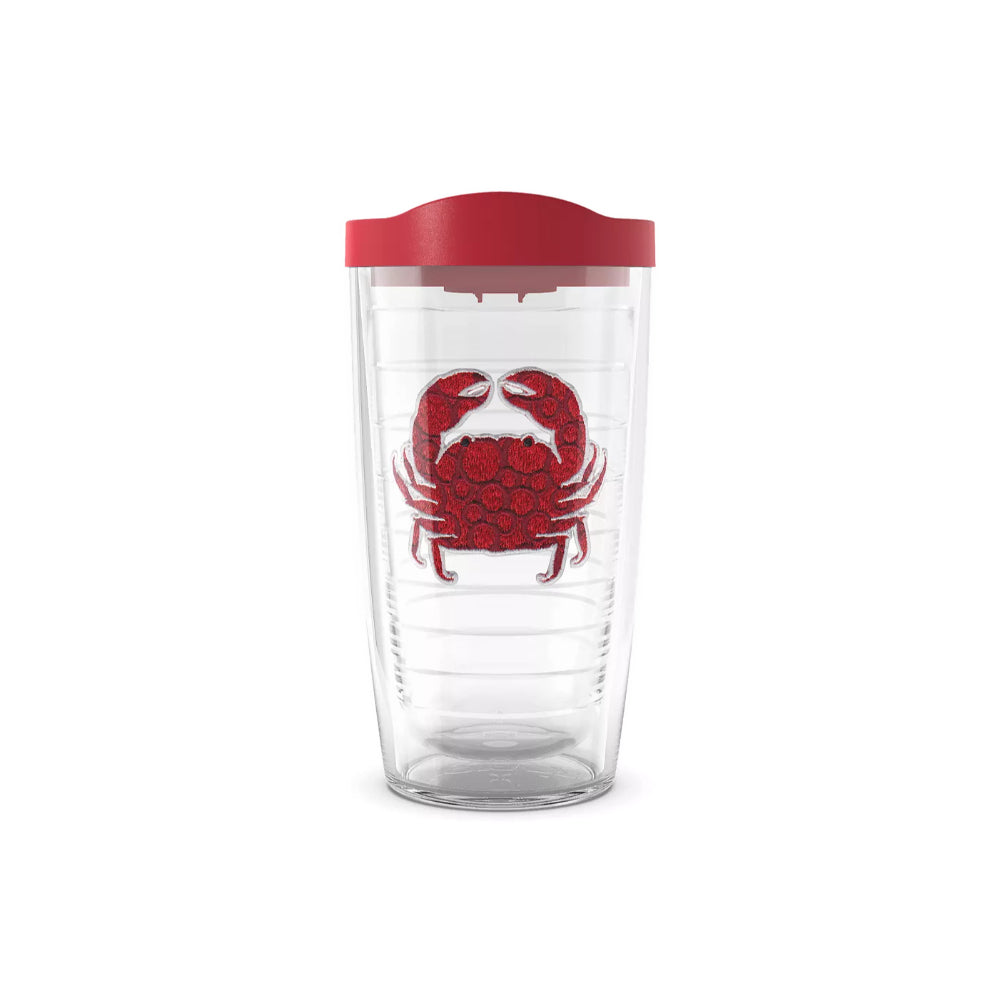 16oz clear tumbler with red crab design and red lid on a white background.