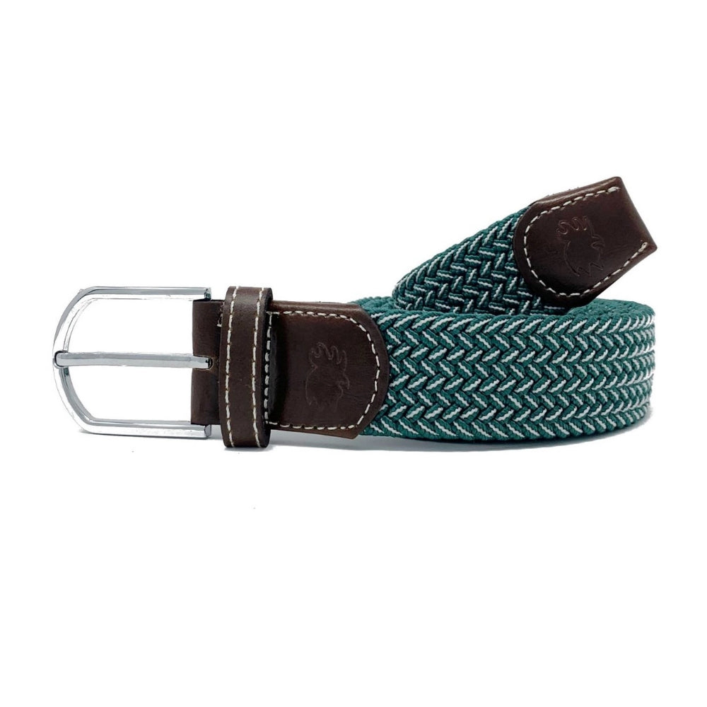 Roostas green & white Brandon Woven Belt on a white backround.