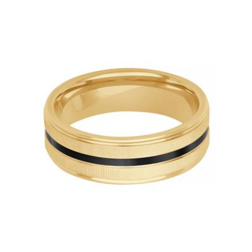 Men's 14k Gold and Ceramic Carved Wedding Band